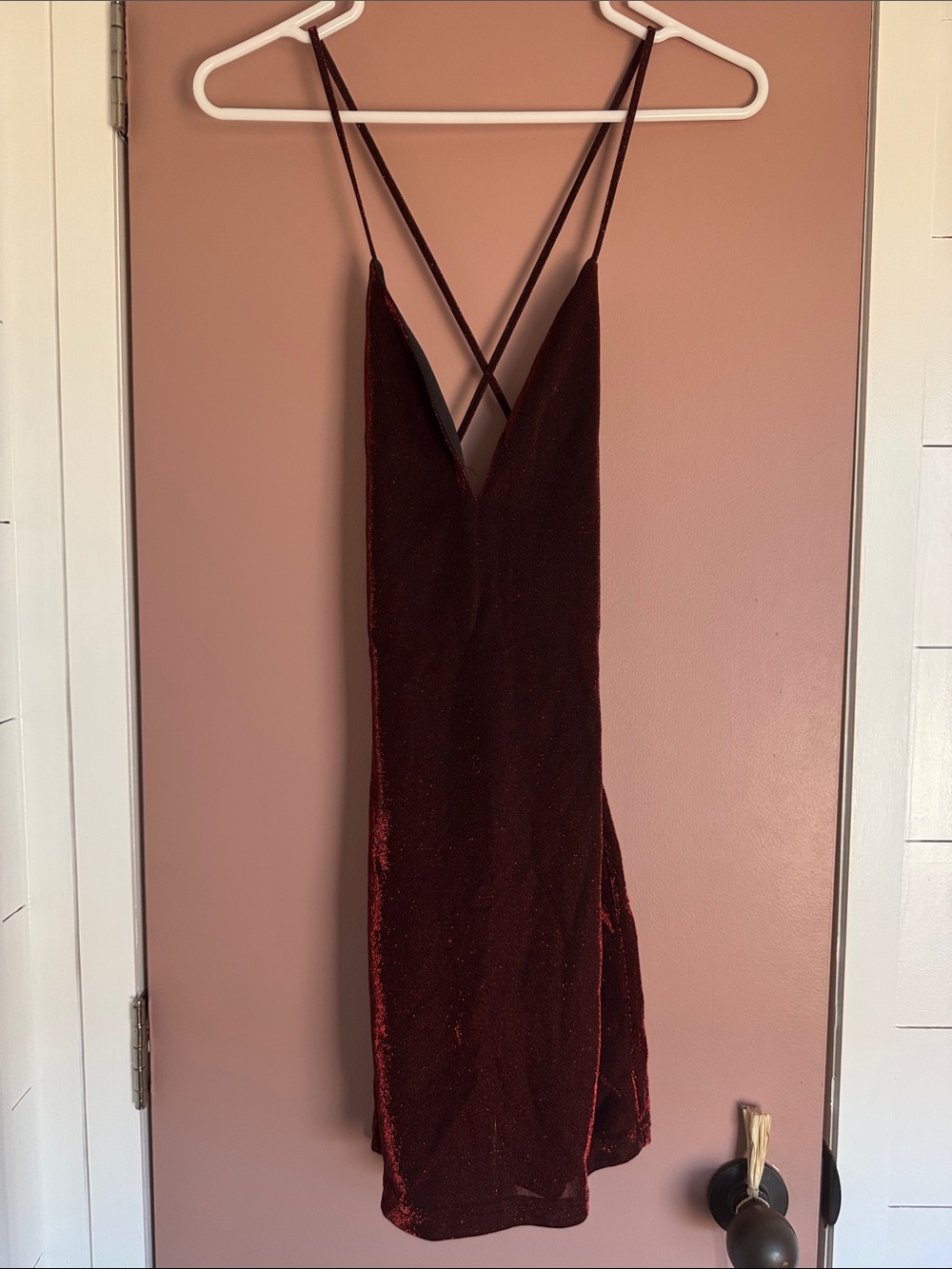 Revolve Sparkly Burgundy Slip Mini Dress with Crisscross Straps